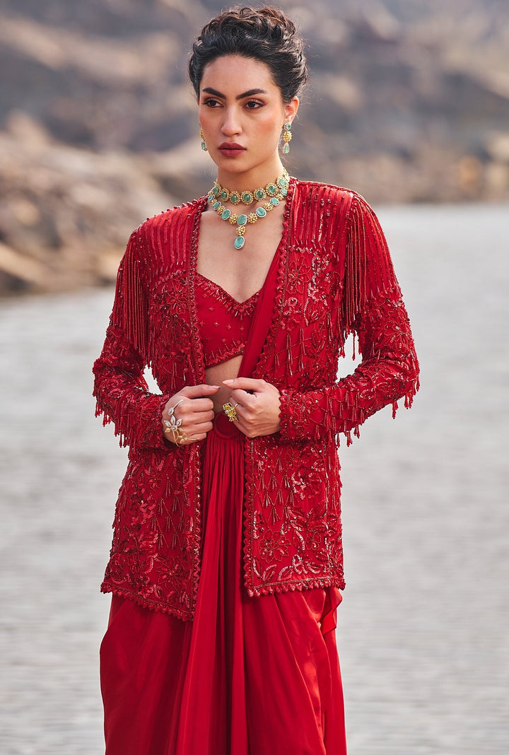 Chilli Red Sequinned Drape Saree Nidhika Shekhar - Fabilicious Fashion