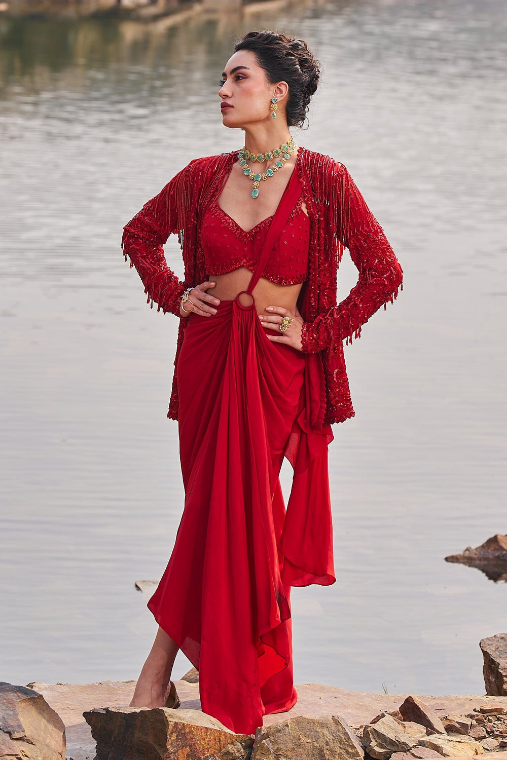 Chilli Red Sequinned Drape Saree Nidhika Shekhar - Fabilicious Fashion