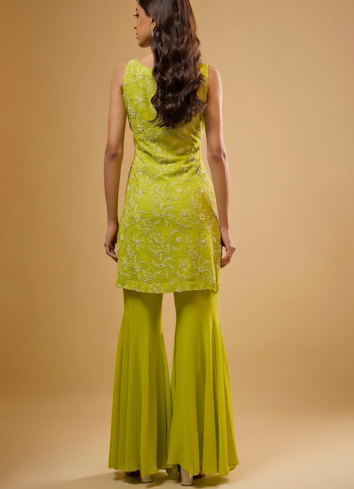 Citrus Green Georgette Kurta Sharara Set Renee Label - Fabilicious Fashion
