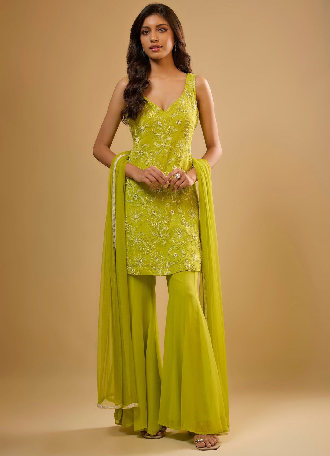 Citrus Green Georgette Kurta Sharara Set Renee Label - Fabilicious Fashion