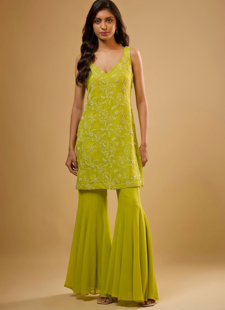 Citrus Green Georgette Kurta Sharara Set Renee Label - Fabilicious Fashion
