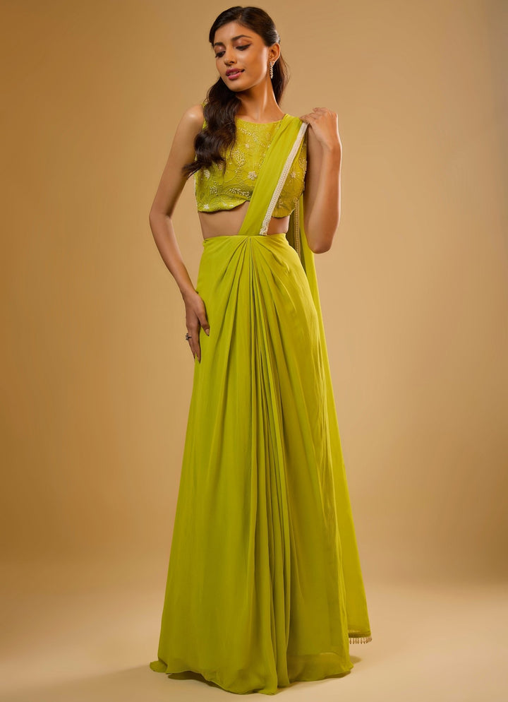 Citrus Green Predraped Georgette Saree Renee Label - Fabilicious Fashion