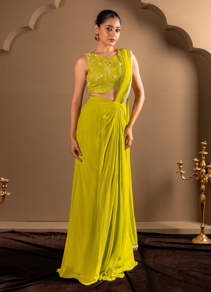 Citrus Green Predraped Georgette Saree Renee Label - Fabilicious Fashion