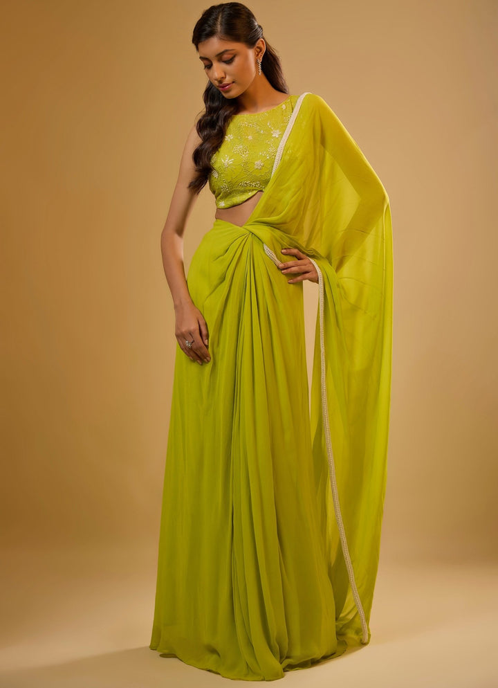 Citrus Green Predraped Georgette Saree Renee Label - Fabilicious Fashion