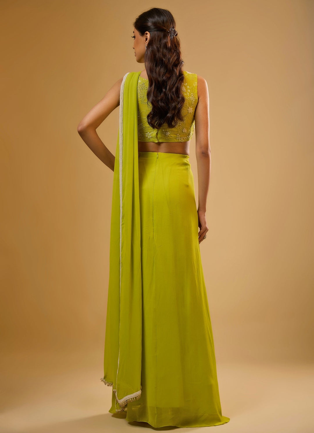 Citrus Green Predraped Georgette Saree Renee Label - Fabilicious Fashion