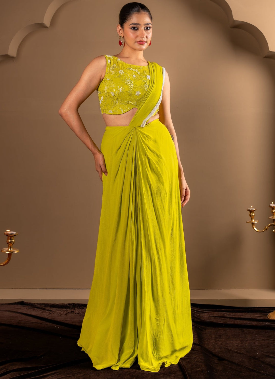 Citrus Green Predraped Georgette Saree Renee Label - Fabilicious Fashion