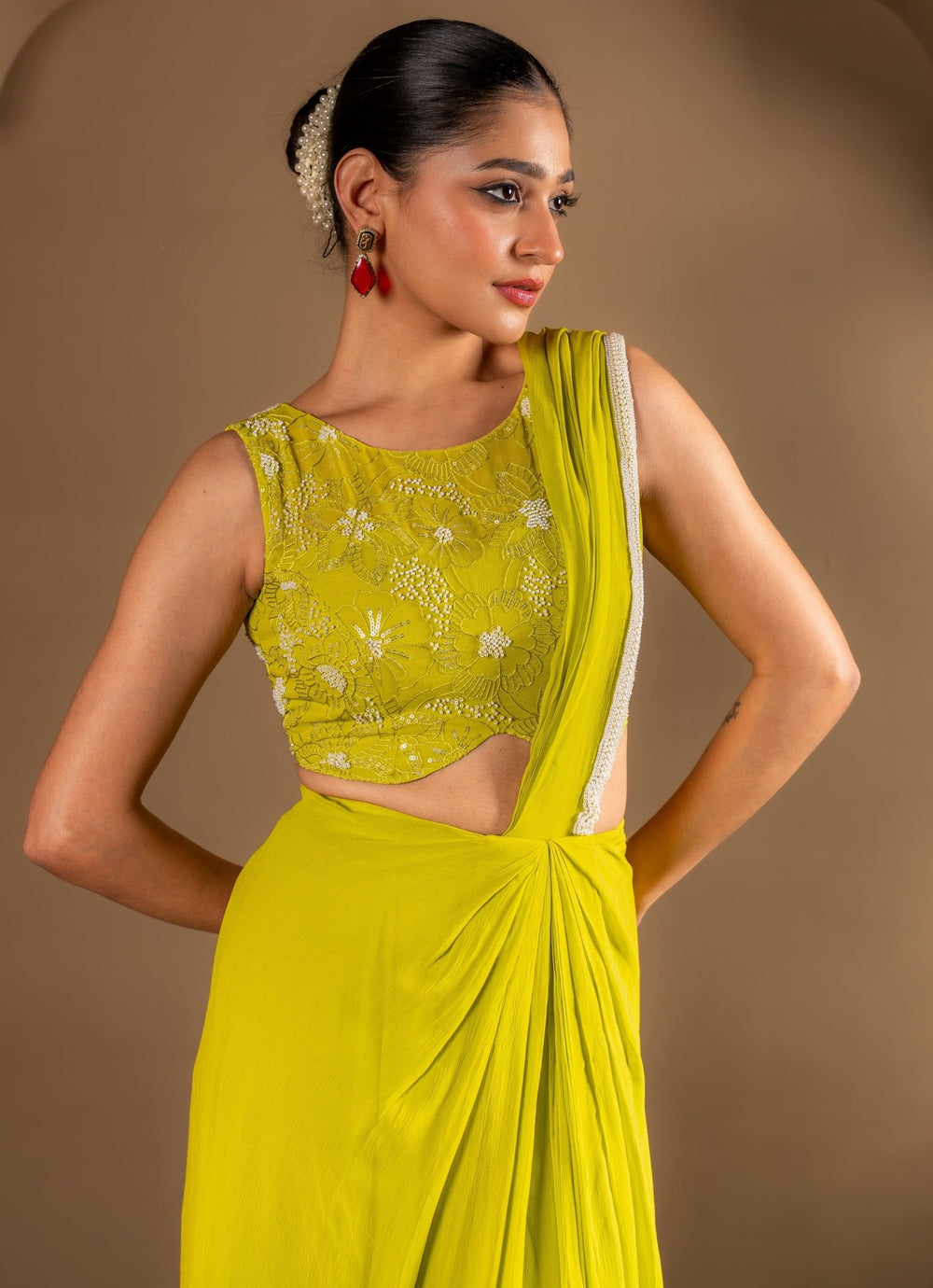 Citrus Green Predraped Georgette Saree Renee Label - Fabilicious Fashion
