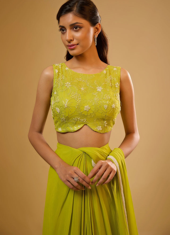 Citrus Green Predraped Georgette Saree Renee Label - Fabilicious Fashion