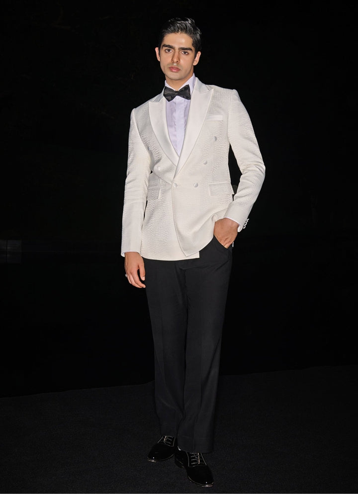 Classic Ivory Textured Tuxedo Set With a Bowtie Contrast By Parth - Fabilicious Fashion