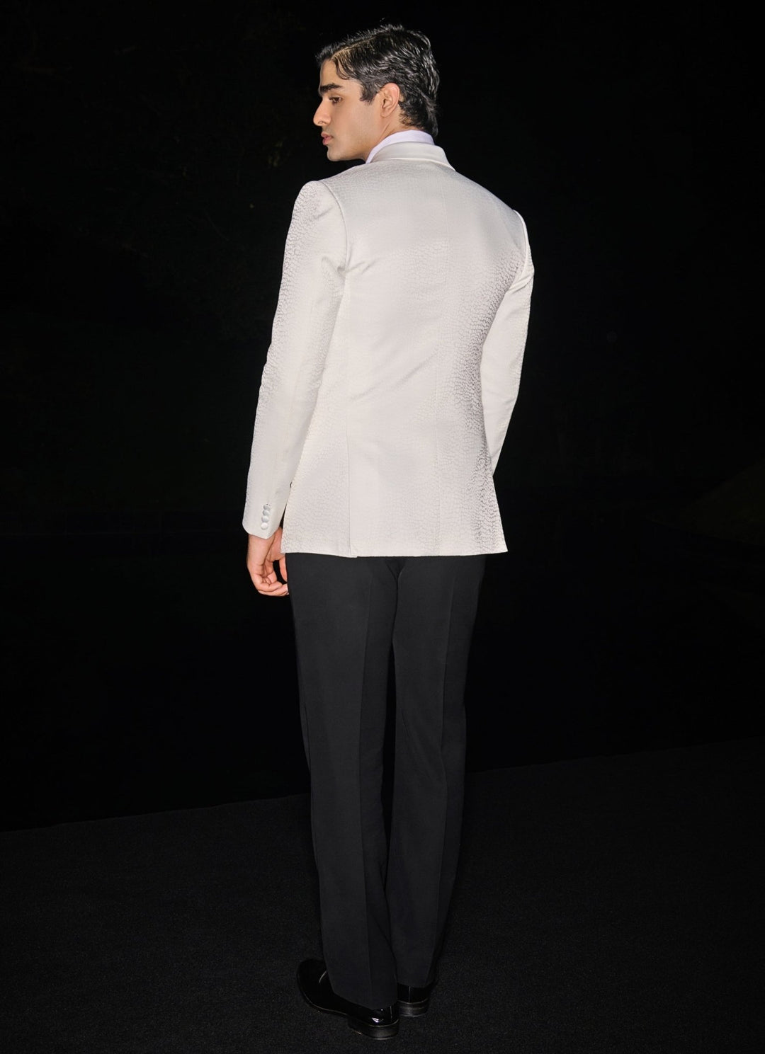 Classic Ivory Textured Tuxedo Set With a Bowtie Contrast By Parth - Fabilicious Fashion