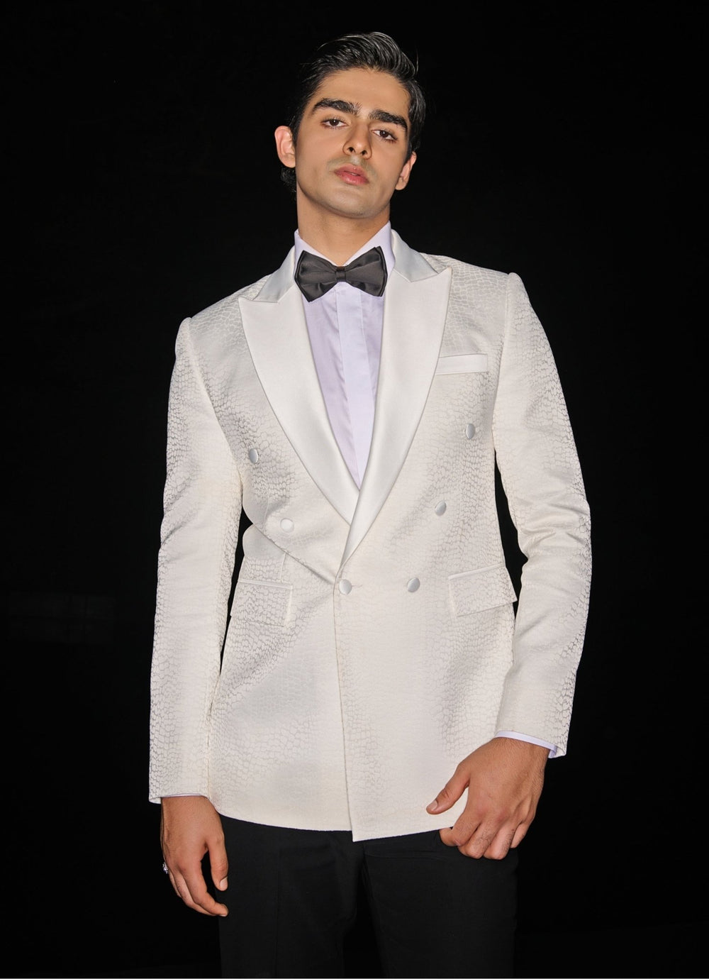 Classic Ivory Textured Tuxedo Set With a Bowtie Contrast By Parth - Fabilicious Fashion