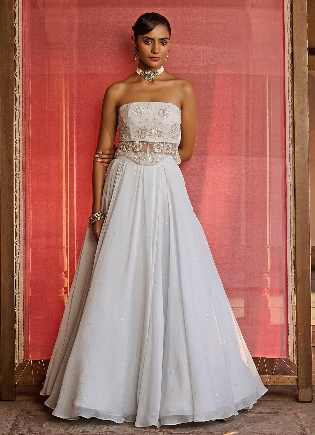 Cloud Blue Emroidered Corset Lehenga Set Zoon Tribe - Fabilicious Fashion