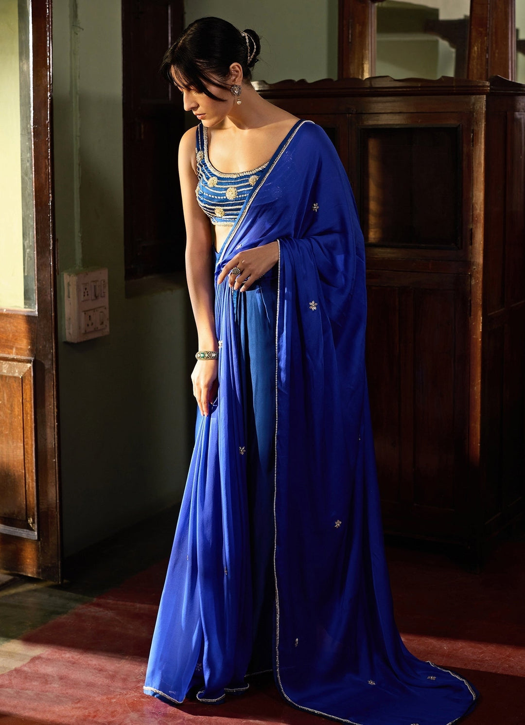 Cobalt Blue Embroidered Pre - Stitched Satin Saree Zoon Tribe - Fabilicious Fashion