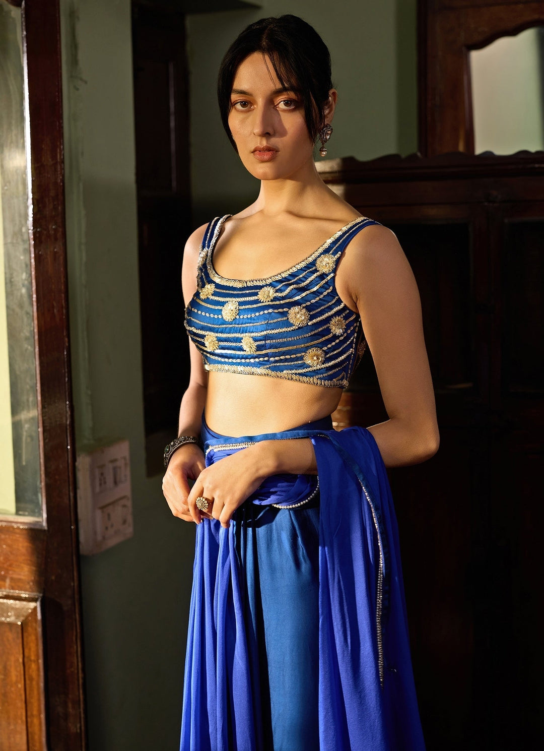 Cobalt Blue Embroidered Pre - Stitched Satin Saree Zoon Tribe - Fabilicious Fashion