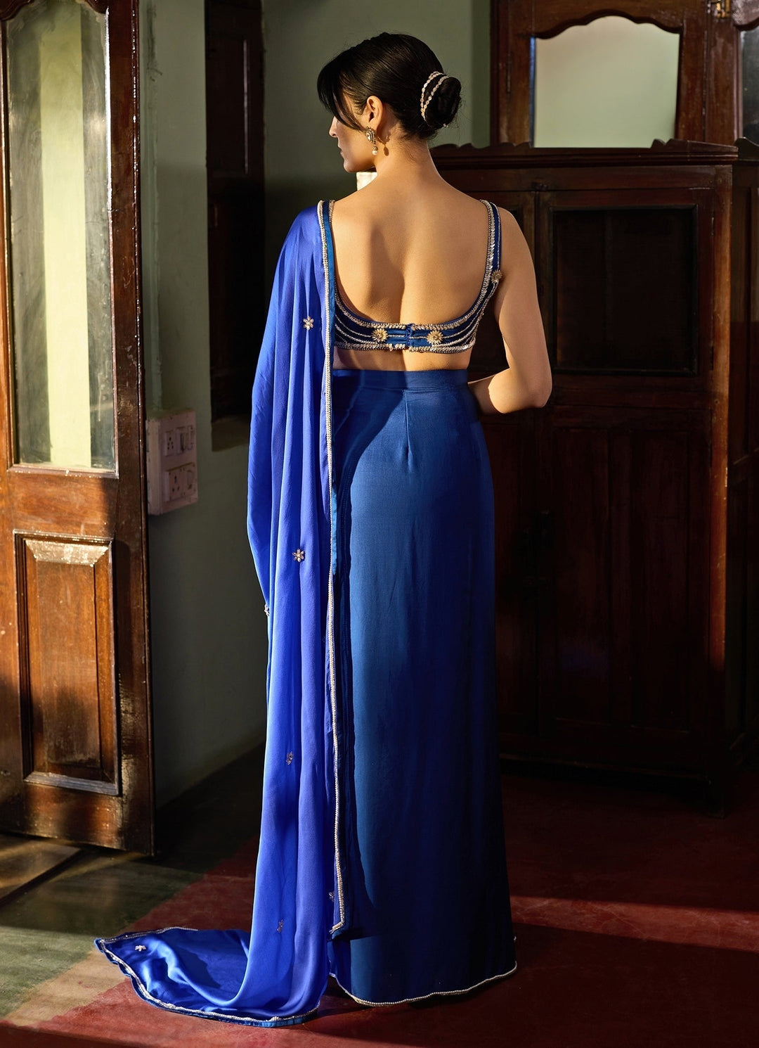 Cobalt Blue Embroidered Pre - Stitched Satin Saree Zoon Tribe - Fabilicious Fashion