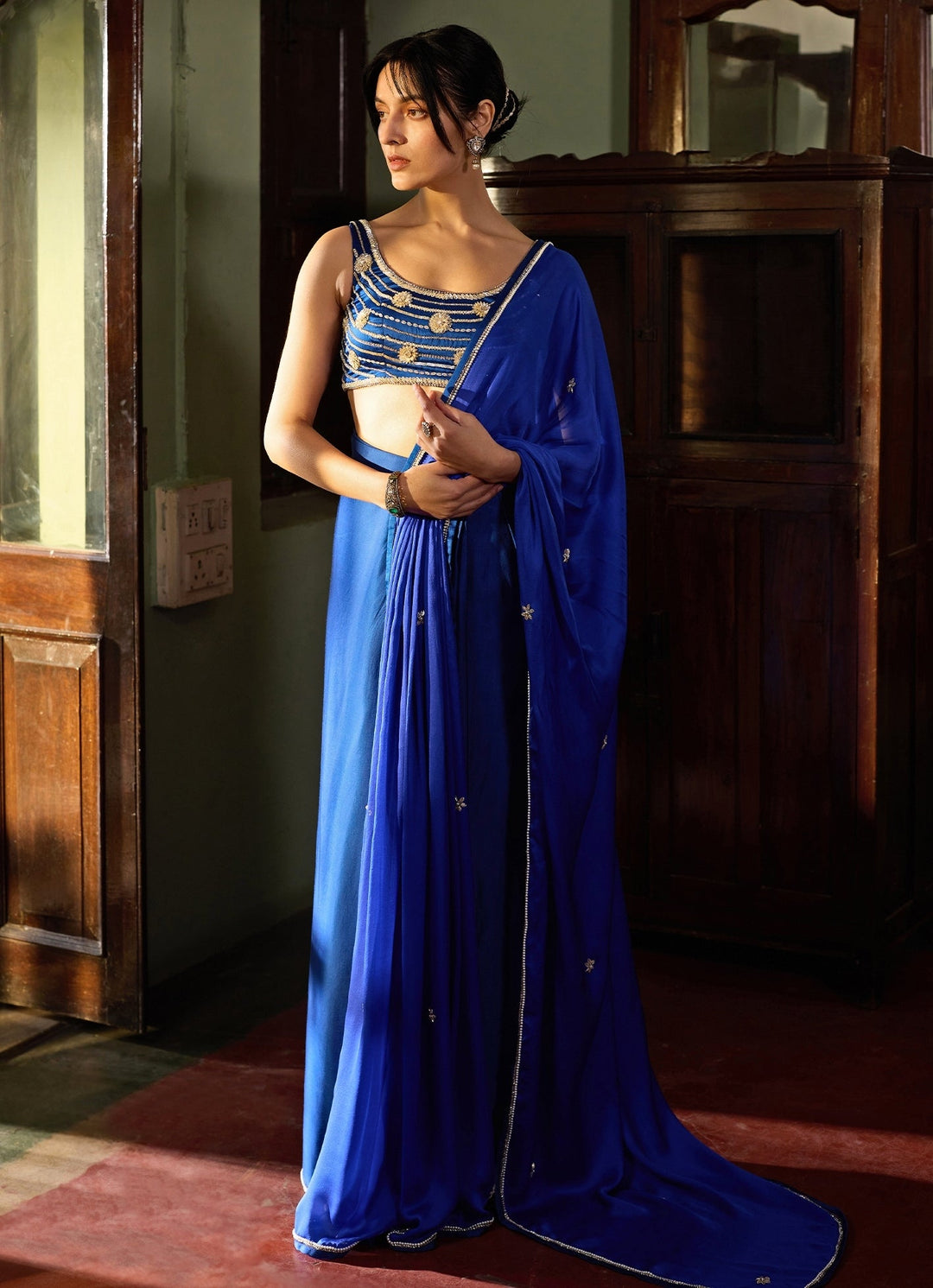Cobalt Blue Embroidered Pre - Stitched Satin Saree Zoon Tribe - Fabilicious Fashion