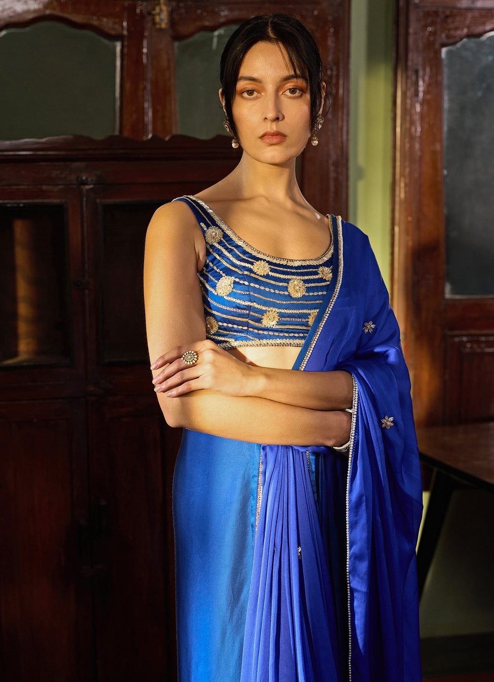 Cobalt Blue Embroidered Pre - Stitched Satin Saree Zoon Tribe - Fabilicious Fashion