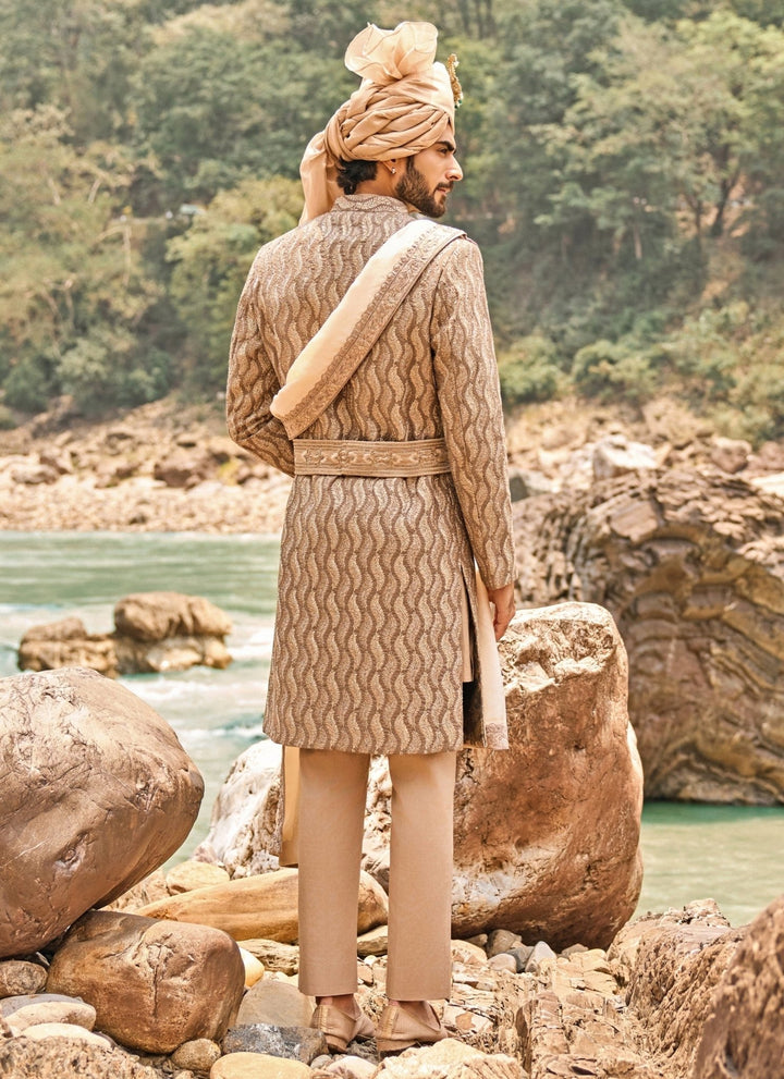 Nitika Gujral - Men Coffee Brown Raw Silk Sherwani SetFabilicious Fashion