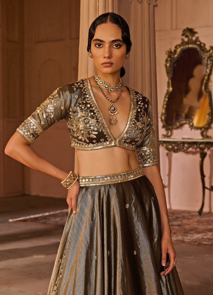 Copper And Black Embroidered Tissue Lehenga Set Zoon Tribe - Fabilicious Fashion