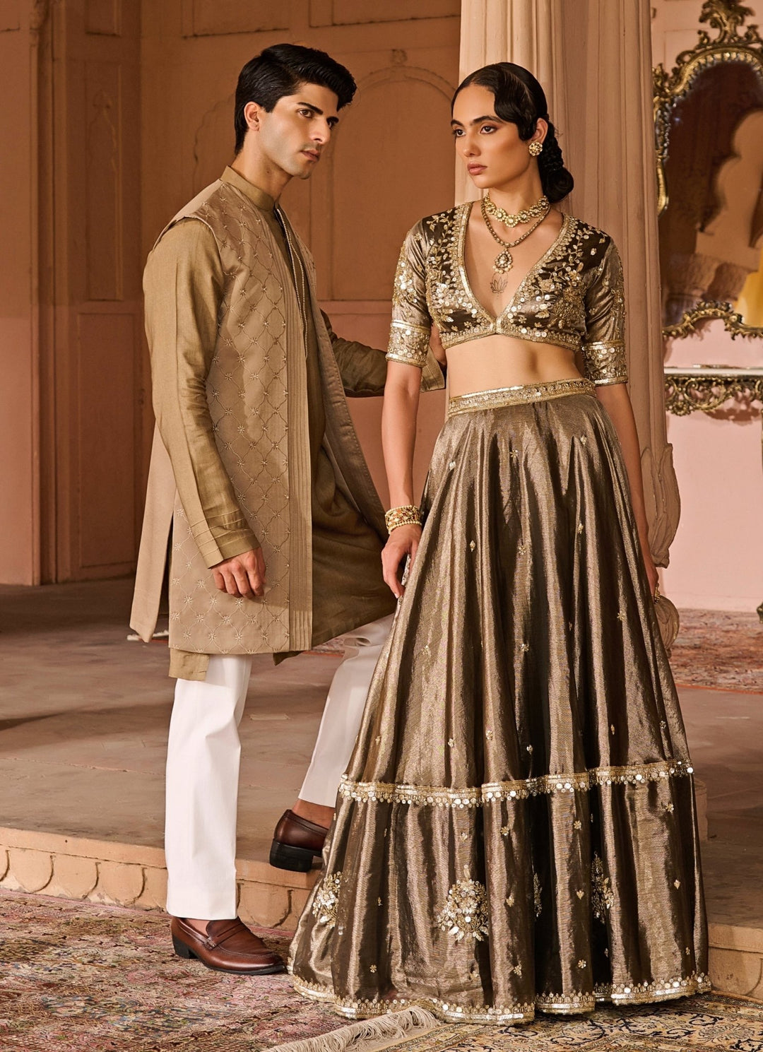 Copper And Black Embroidered Tissue Lehenga Set Zoon Tribe - Fabilicious Fashion