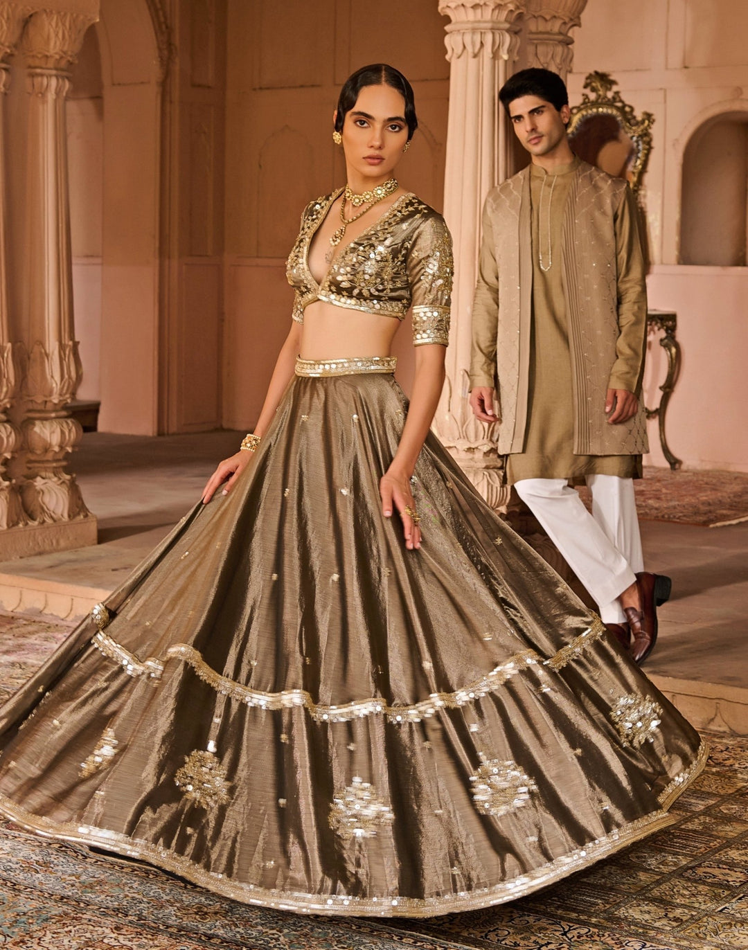 Copper And Black Embroidered Tissue Lehenga Set Zoon Tribe - Fabilicious Fashion