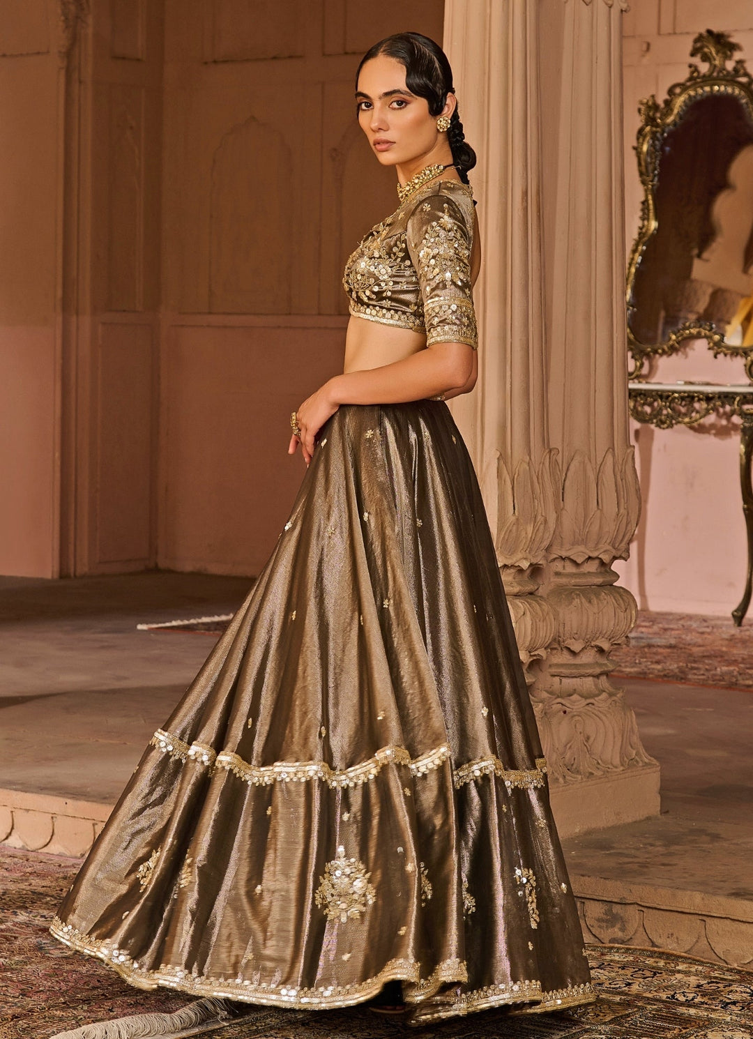 Copper And Black Embroidered Tissue Lehenga Set Zoon Tribe - Fabilicious Fashion