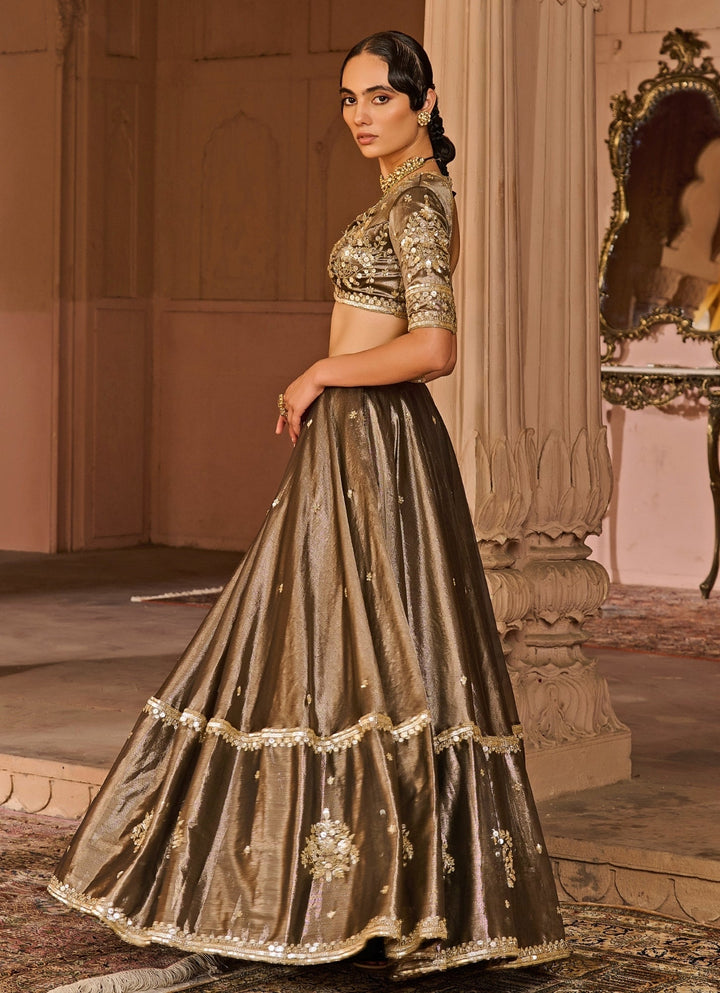 Copper And Black Embroidered Tissue Lehenga Set Zoon Tribe - Fabilicious Fashion