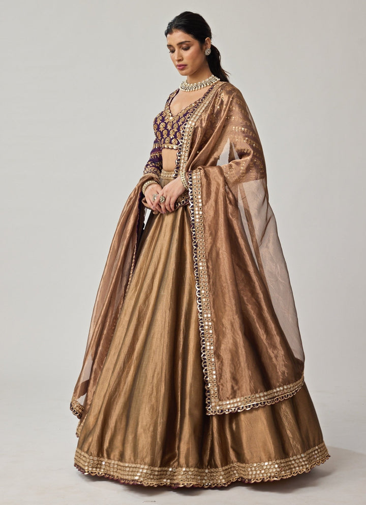 Copper And Purple Mirror Embroidered Organza Lehenga Set Vvani by Vani Vats - Fabilicious Fashion