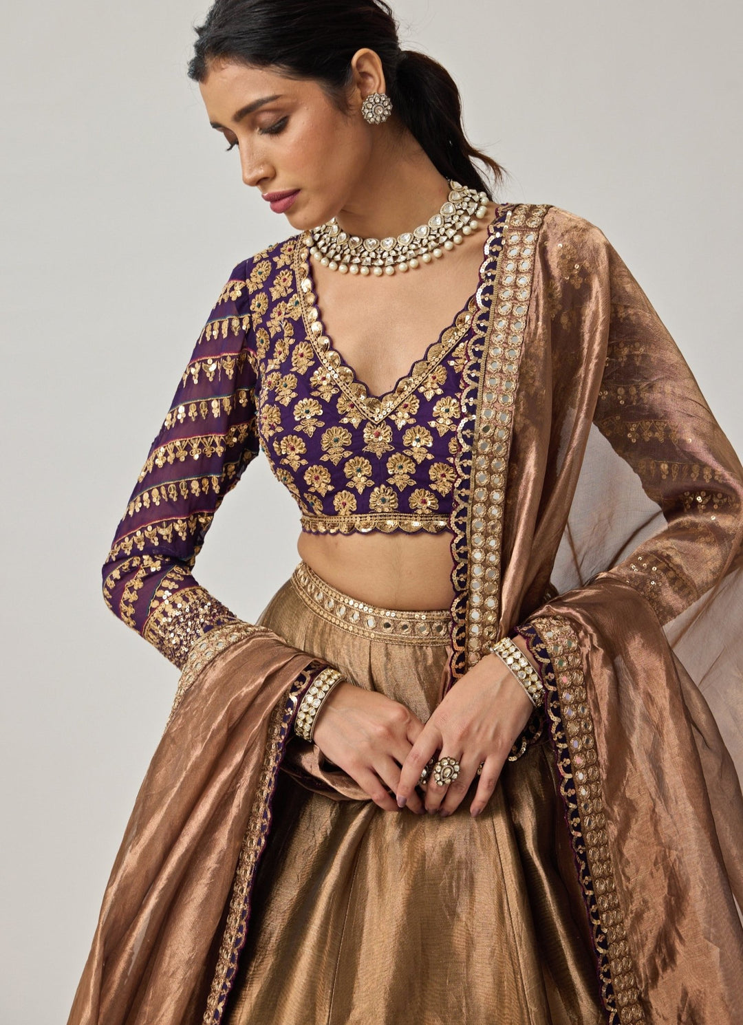 Copper And Purple Mirror Embroidered Organza Lehenga Set Vvani by Vani Vats - Fabilicious Fashion