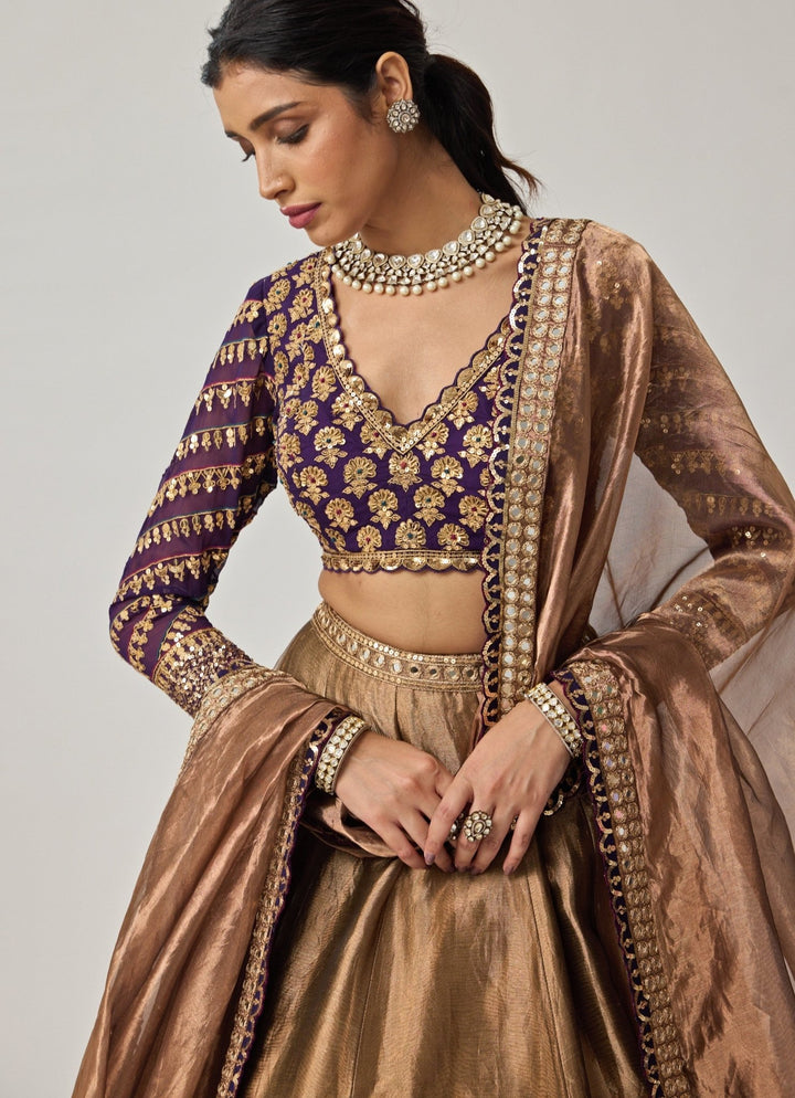 Copper And Purple Mirror Embroidered Organza Lehenga Set Vvani by Vani Vats - Fabilicious Fashion