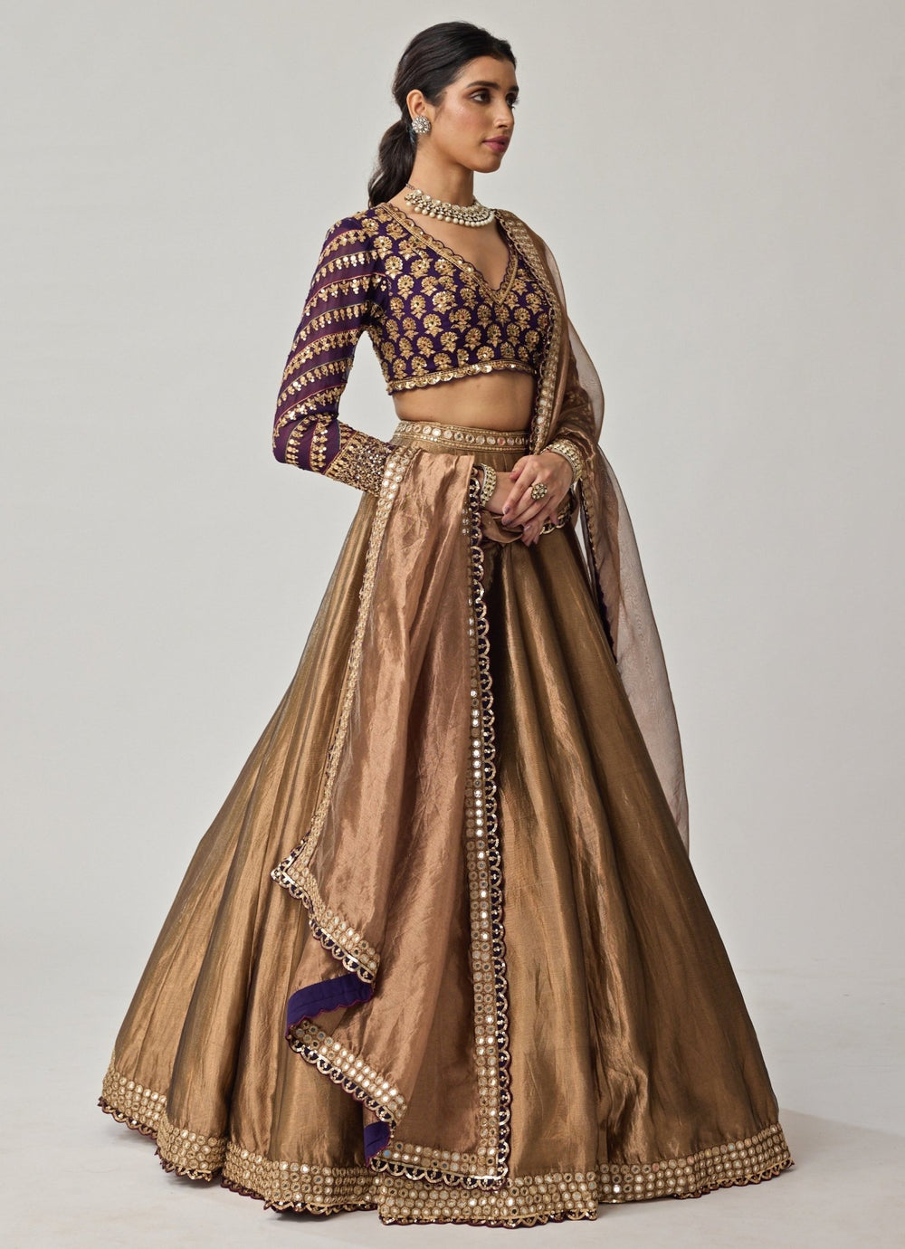 Copper And Purple Mirror Embroidered Organza Lehenga Set Vvani by Vani Vats - Fabilicious Fashion