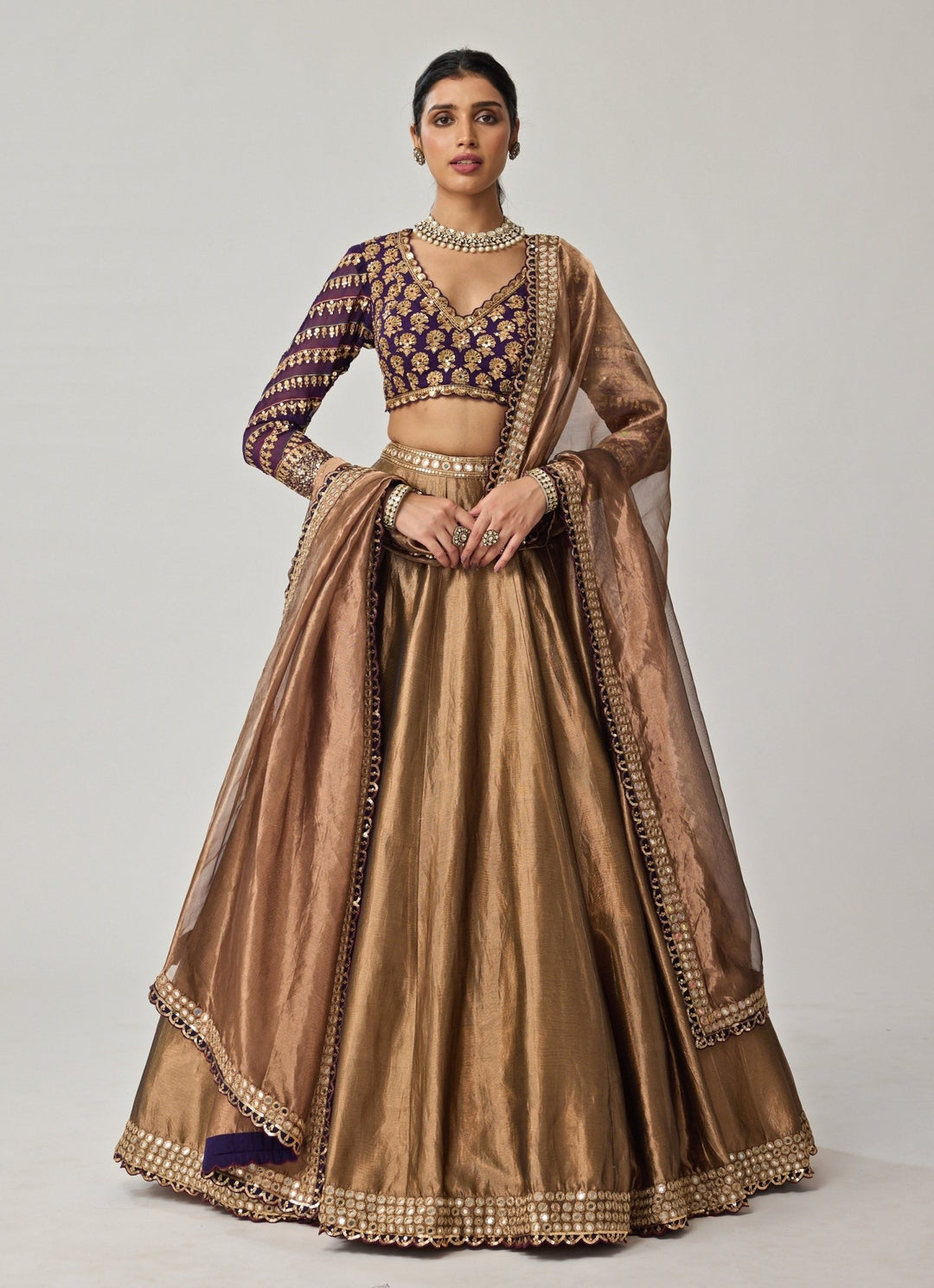 Copper And Purple Mirror Embroidered Organza Lehenga Set Vvani by Vani Vats - Fabilicious Fashion