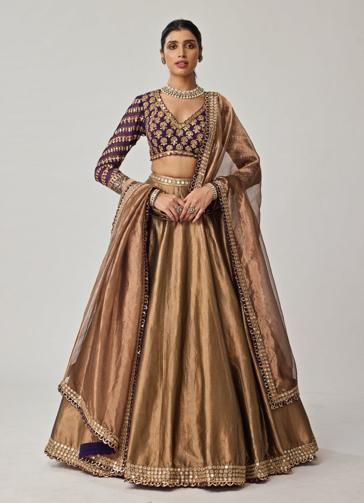 Copper And Purple Mirror Embroidered Organza Lehenga Set Vvani by Vani Vats - Fabilicious Fashion