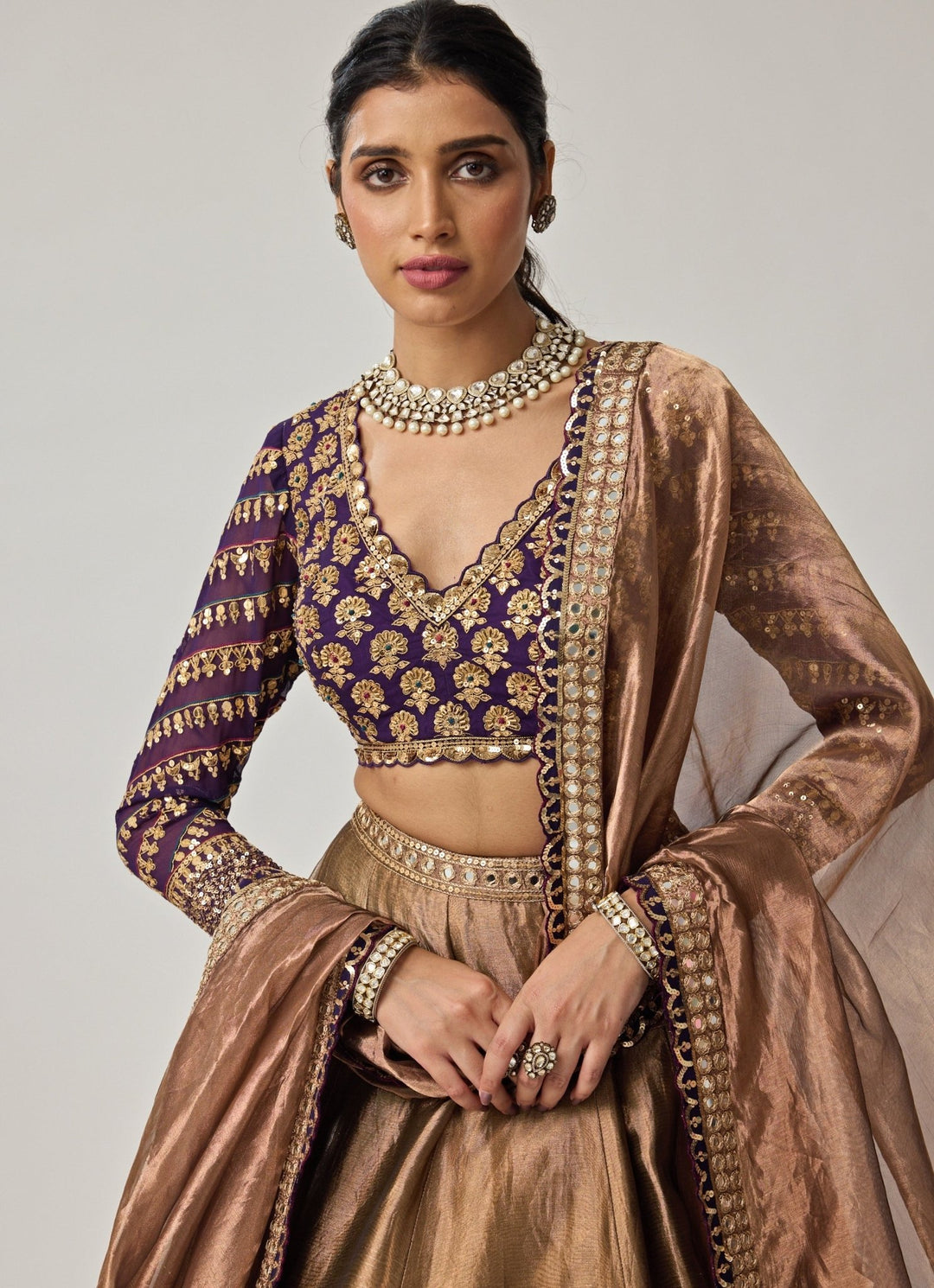 Copper And Purple Mirror Embroidered Organza Lehenga Set Vvani by Vani Vats - Fabilicious Fashion
