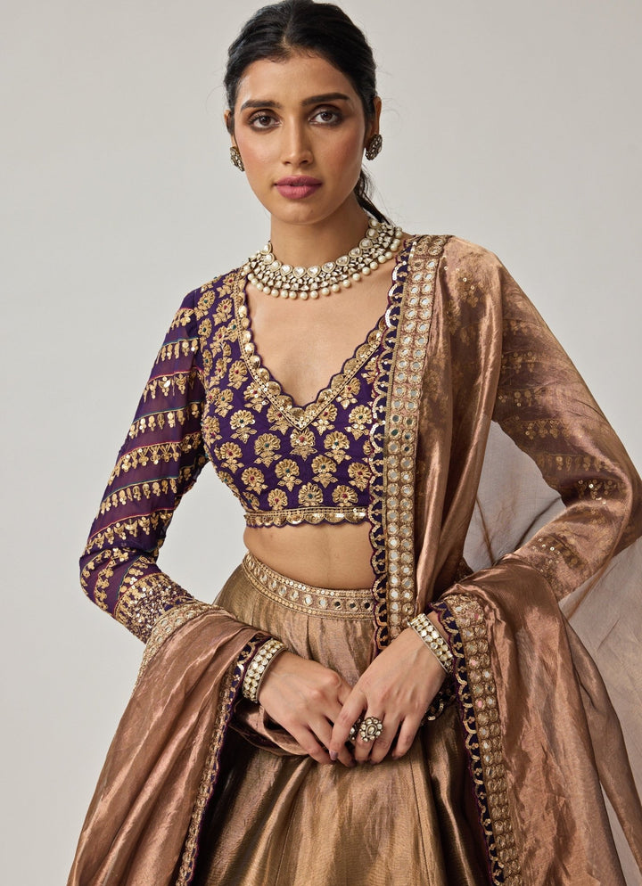Copper And Purple Mirror Embroidered Organza Lehenga Set Vvani by Vani Vats - Fabilicious Fashion