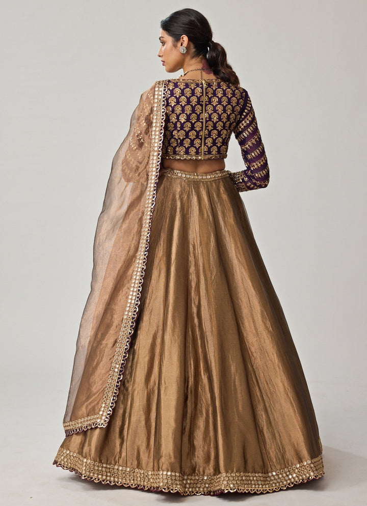 Copper And Purple Mirror Embroidered Organza Lehenga Set Vvani by Vani Vats - Fabilicious Fashion