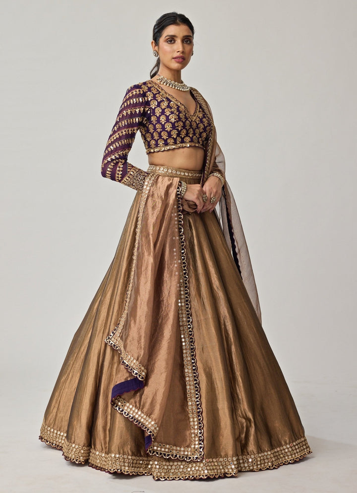 Copper And Purple Mirror Embroidered Organza Lehenga Set Vvani by Vani Vats - Fabilicious Fashion