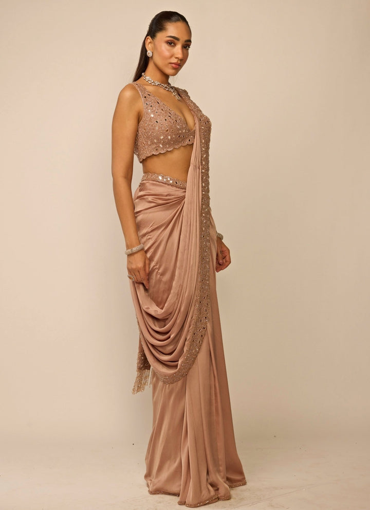 Vvani by Vani Vats Copper Brown Satin Draped Saree SetFabilicious Fashion