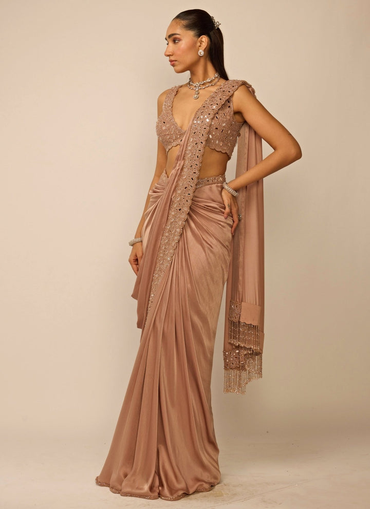 Vvani by Vani Vats Copper Brown Satin Draped Saree SetFabilicious Fashion