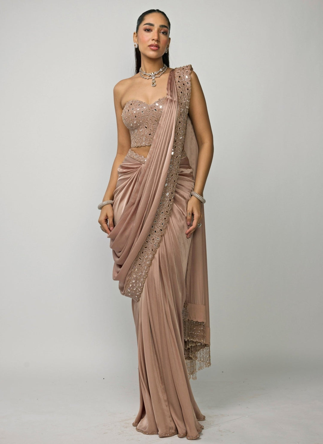 Vvani by Vani Vats Copper Brown Satin Pre-Draped Saree With CorsetFabilicious Fashion