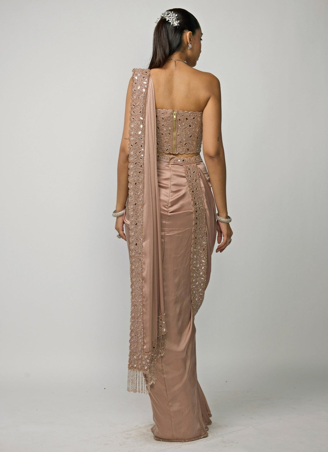Vvani by Vani Vats Copper Brown Satin Pre-Draped Saree With CorsetFabilicious Fashion