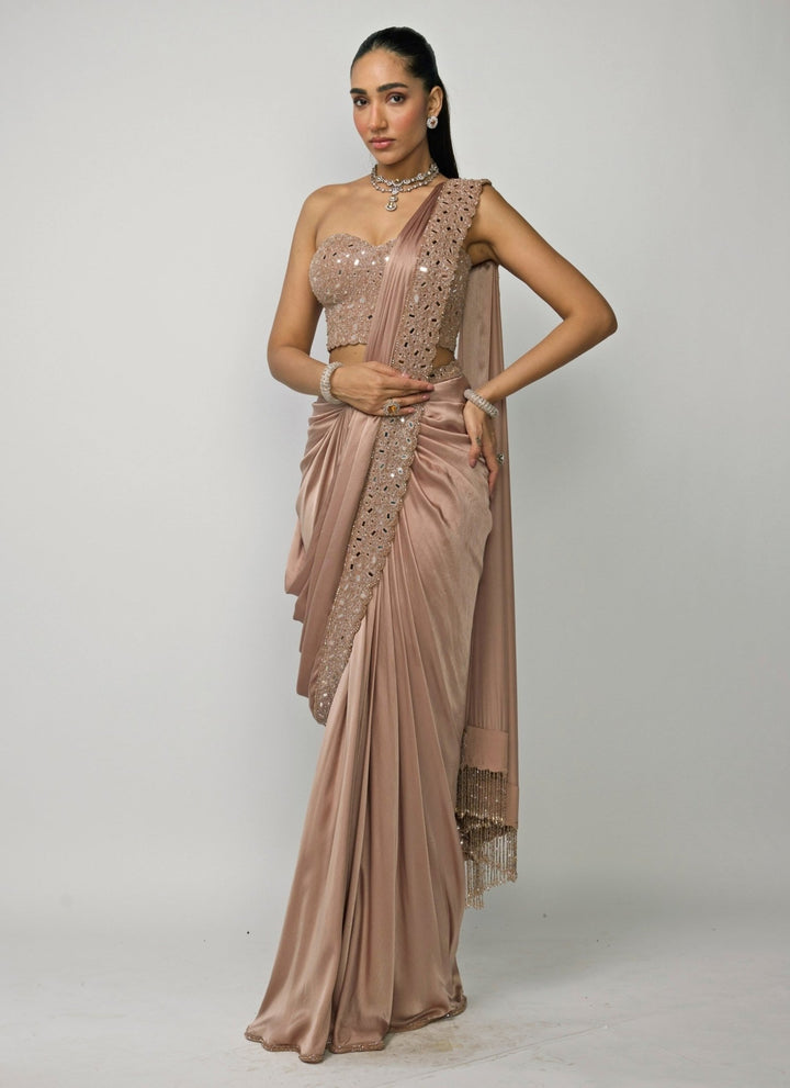 Vvani by Vani Vats Copper Brown Satin Pre-Draped Saree With CorsetFabilicious Fashion