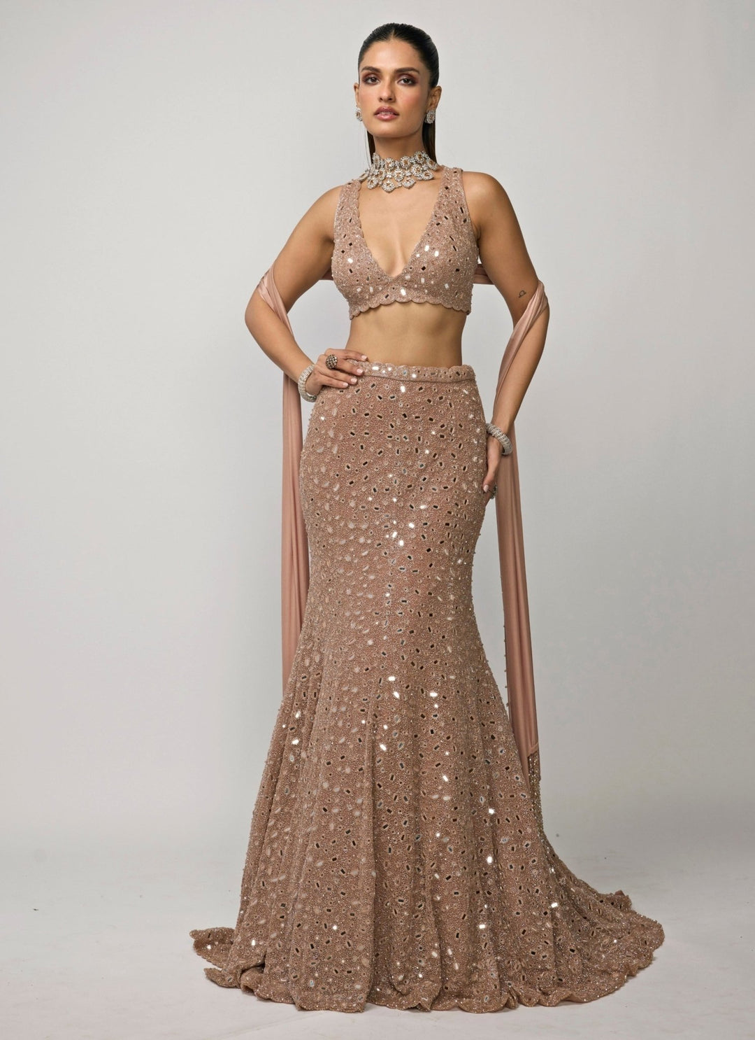 Vvani by Vani Vats Copper Brown Soft Net Mermaid Lehenga SetFabilicious Fashion