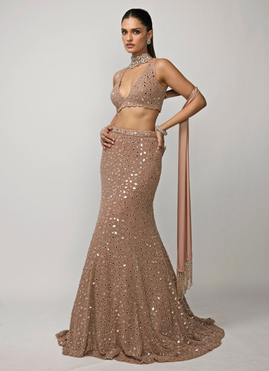 Vvani by Vani Vats Copper Brown Soft Net Mermaid Lehenga SetFabilicious Fashion