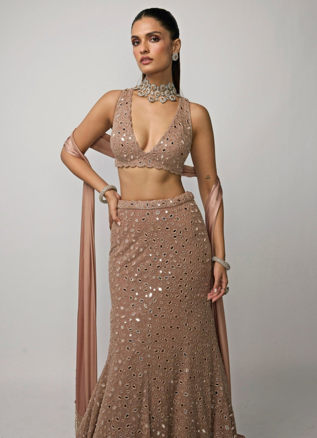 Vvani by Vani Vats Copper Brown Soft Net Mermaid Lehenga SetFabilicious Fashion