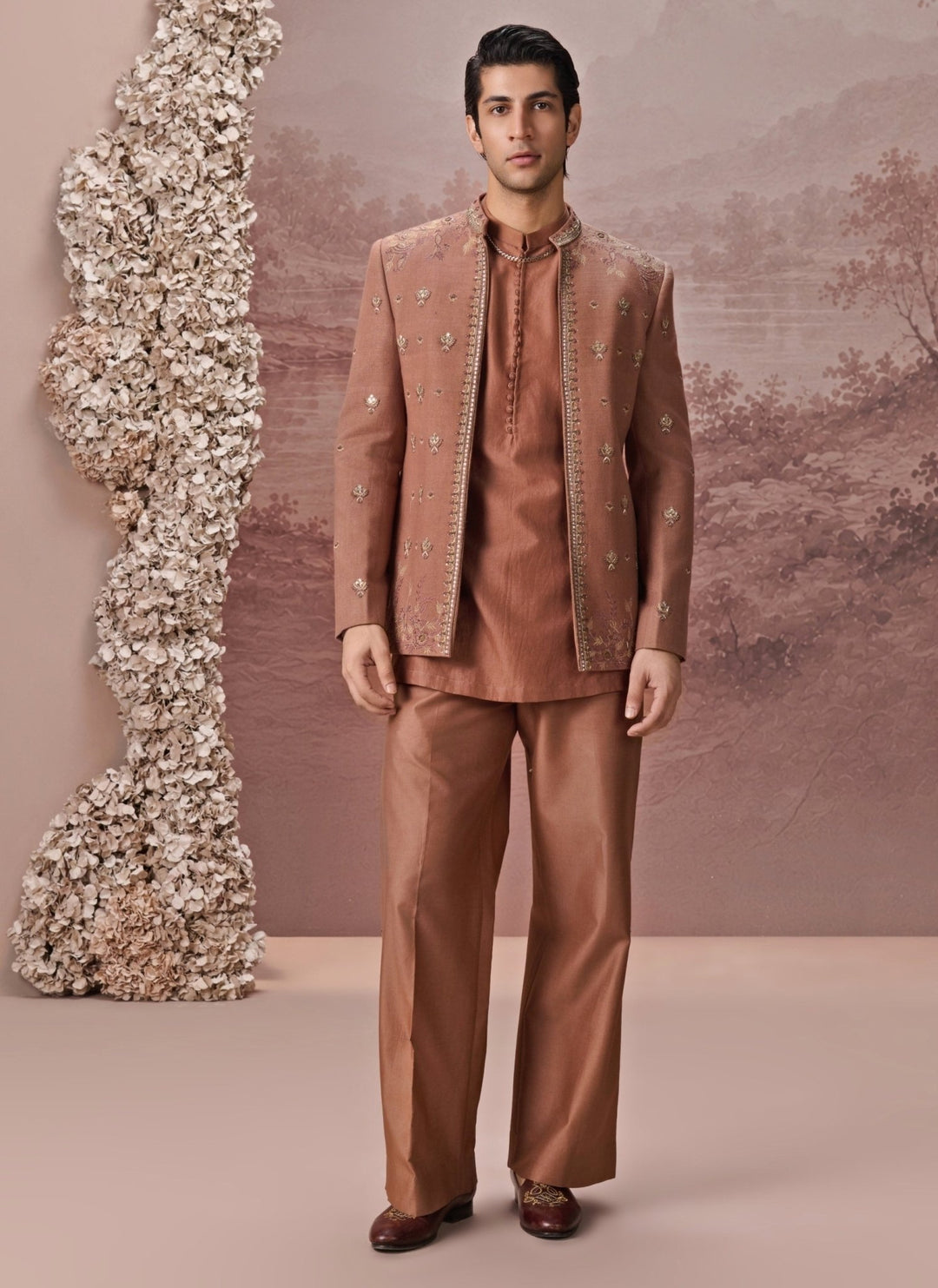 Contrast by Parth Copper Brown Textured Silk Jacket SetFabilicious Fashion