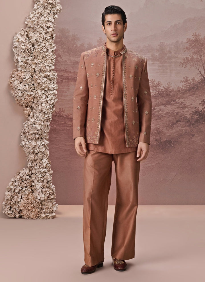 Contrast by Parth Copper Brown Textured Silk Jacket SetFabilicious Fashion