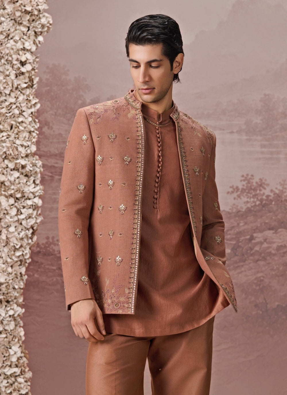 Contrast by Parth Copper Brown Textured Silk Jacket SetFabilicious Fashion