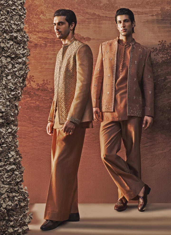 Contrast by Parth Copper Brown Textured Silk Jacket SetFabilicious Fashion