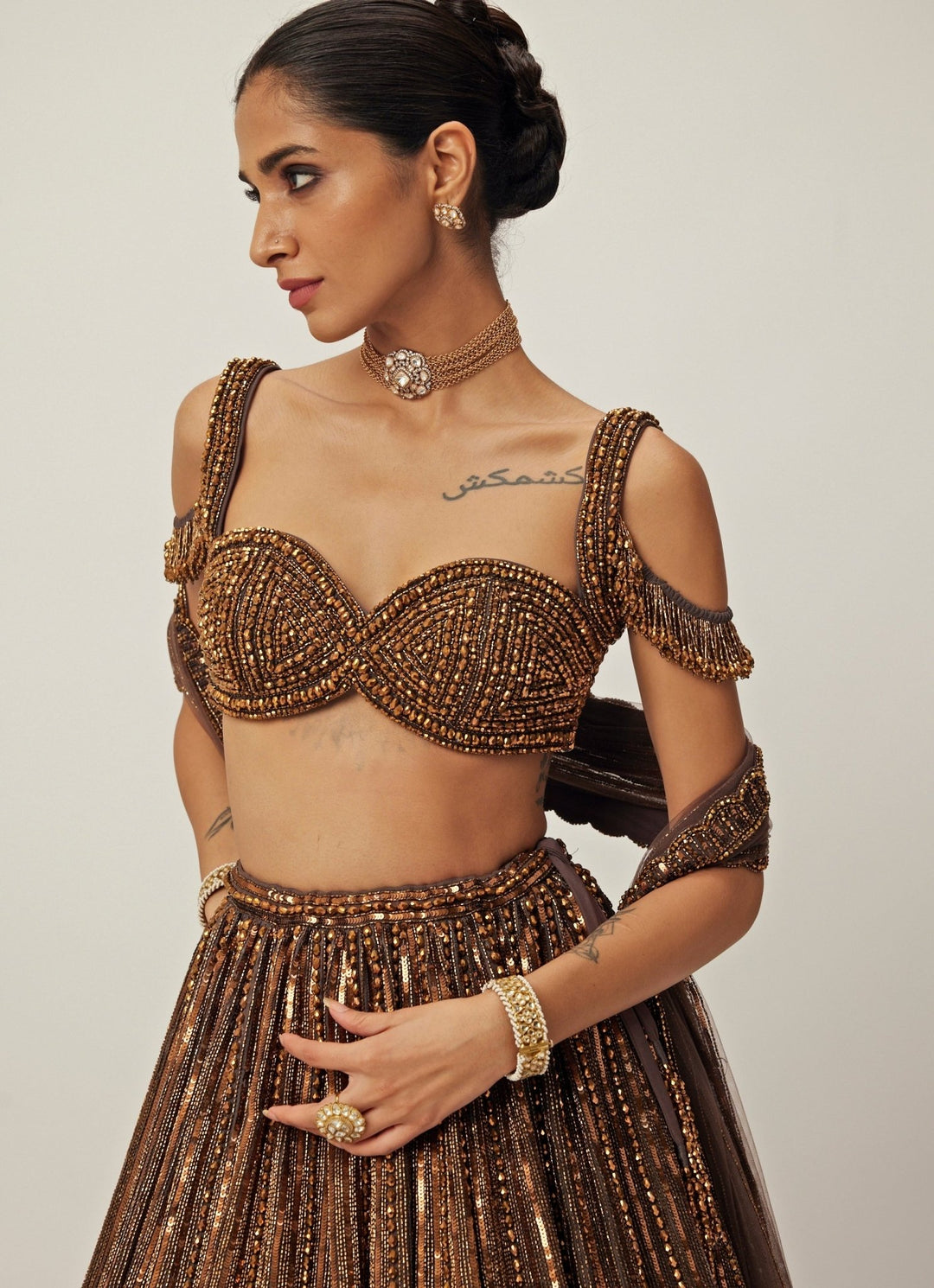 Copper Crystal Linear Embroidered Organza Lehenga Set Vvani By Vani Vats - Fabilicious Fashion